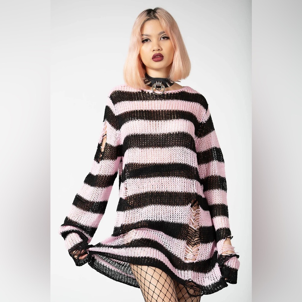 Killstar Pink & Black Striped Distressed Knit Sweater